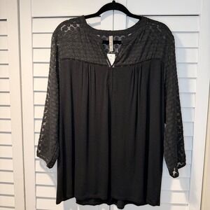 Womens Sweet Grey Black Textured Dot Mesh Sleeve Tunic Top Womens XL Blouse New